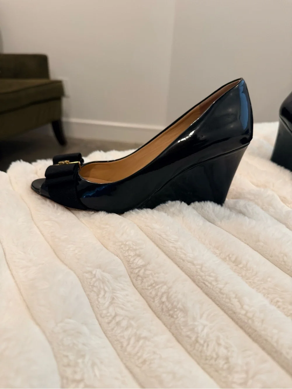Tory Burch Black Patent Peep-Toe Wedge with Gold Logo Bow